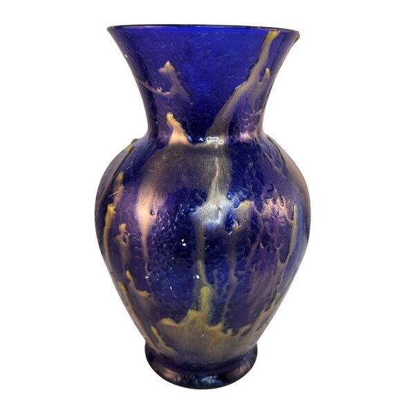 Handcrafted Cobalt Blue Gathering Vase With Gold Drip Design & Textured Finish - Picture 2 of 9